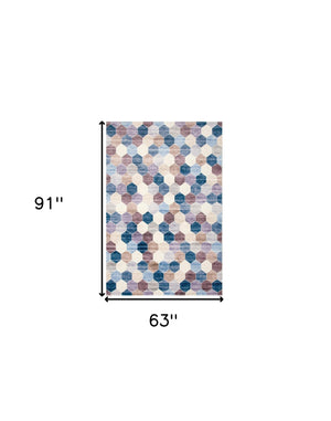 Homeroots 5' X 8' Ivory And Blue Geometric Distressed Area Rug  Polyester 530532