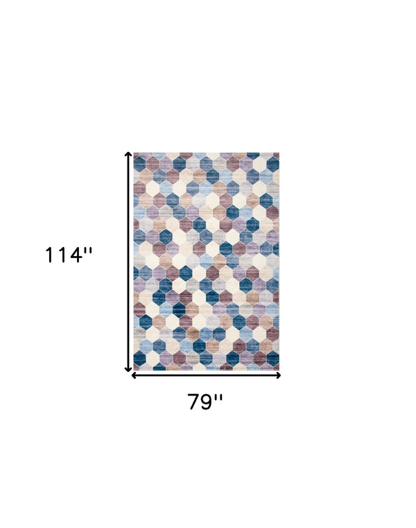 Homeroots 7' X 10' Ivory And Blue Geometric Distressed Area Rug  Polyester 530533