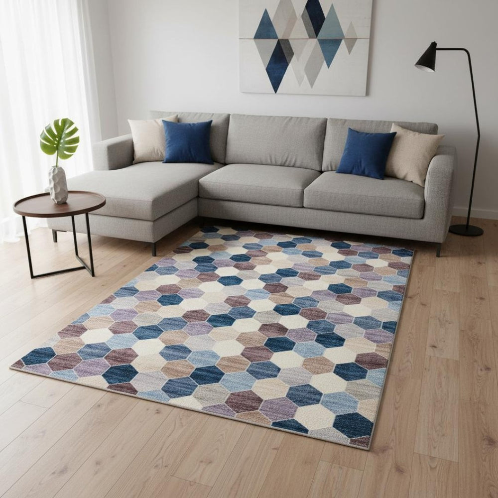 HomeRoots 5' Distressed Ivory and Blue Geometric Area Rug - Durable, Easy-Care Design Perfect for High-Traffic Spaces 8' X 11' 530534