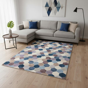 HomeRoots 5' Distressed Ivory and Blue Geometric Area Rug - Durable, Easy-Care Design Perfect for High-Traffic Spaces 8' X 11' 530534