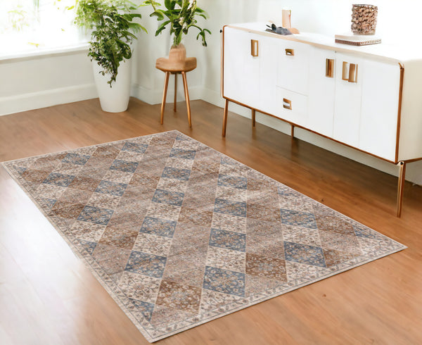Homeroots 4' X 6' Brown And Blue Floral Distressed Area Rug  Polyester 530555