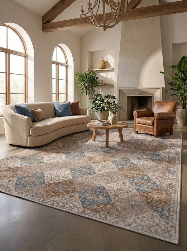 HomeRoots 5' Floral Distressed Area Rug in Brown and Blue - Timeless Style, Soft Comfort, and Durable Design 7' X 10' 530557
