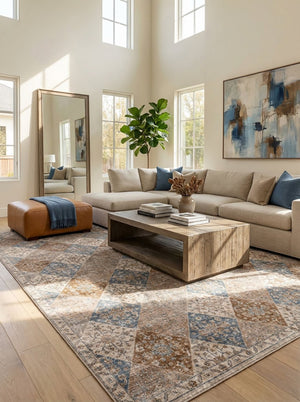 HomeRoots 5' Floral Distressed Area Rug in Brown and Blue - Timeless Style, Soft Comfort, and Durable Design 8' X 11' 530558