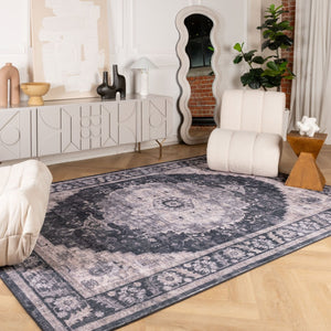 HomeRoots 5' Black and Gray Oriental Area Rug - Timeless Elegance with Stain Resistance for Busy Homes 5' X 8' 530568