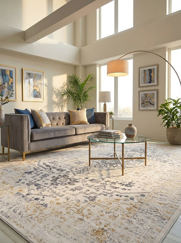 HomeRoots 5' Gray and Gold Oriental Area Rug - Timeless Elegance, Stain Resistant, Durable for High-Traffic Areas 7' X 10' 530573
