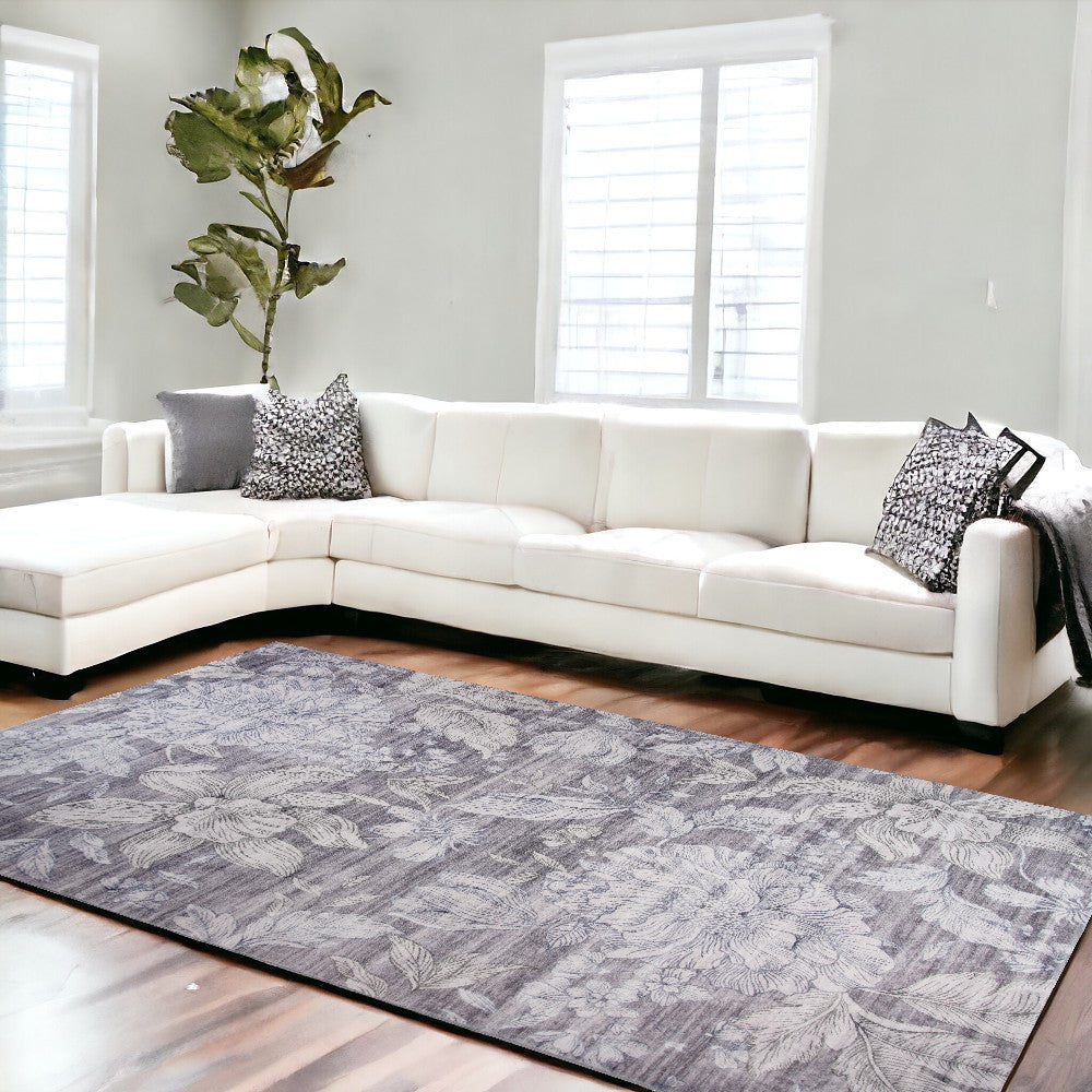 Homeroots 7' X 10' Gray And White Floral Area Rug  Polyester 530585