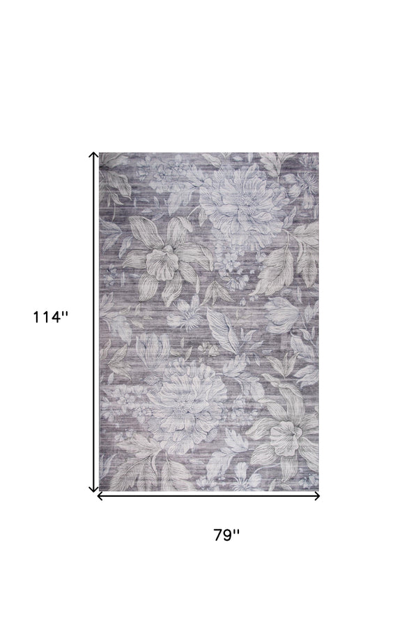 Homeroots 7' X 10' Gray And White Floral Area Rug  Polyester 530585