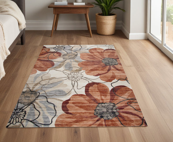 Homeroots 4' X 6' Red And Beige Floral Distressed Area Rug  Polyester 530587