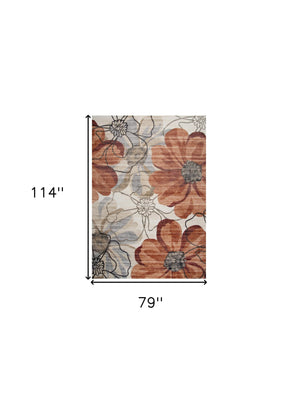 Homeroots 7' X 10' Red And Beige Floral Distressed Area Rug  Polyester 530589