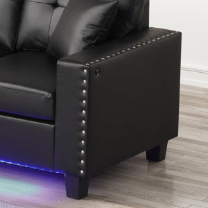 English Elm PVC Reversible Sectional Sofa Chaise with LED Lights, Tufted Cushions, Nailhead Trim & Pillows - Black B016P406048