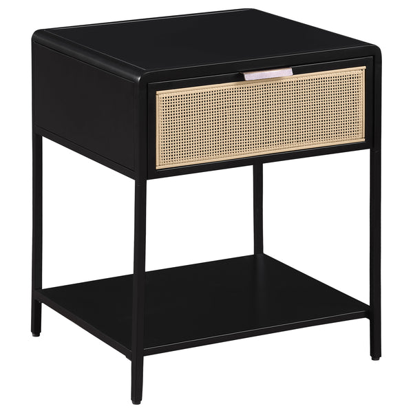 English Elm Duncan Black 1-Drawer Metal Bedside Table with Radio Weave Cane Front, Laminate Top, Modern Charm B062P299871