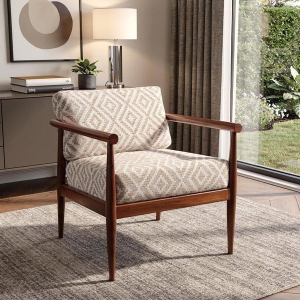 HomeRoots 28" Contemporary Beige and Brown Geometric Arm Chair - Stylish Solid Wood Comfort for Any Space 530636