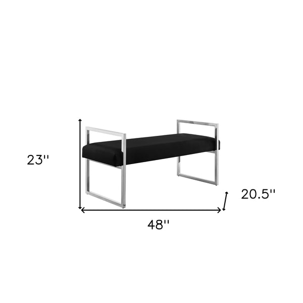 Homeroots 48" Black And Silver Upholstered Velvet Bench Black,Chrome,Velvet Plywood 530647