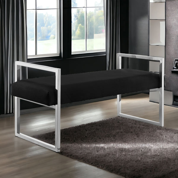 Homeroots 48" Black And Silver Upholstered Velvet Bench Black,Chrome,Velvet Plywood 530647
