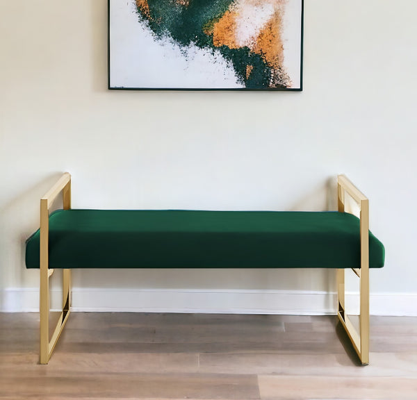 Homeroots 48" Hunter Green And Gold Upholstered Velvet Bench Hunter Green,Gold,Velvet Plywood 530649