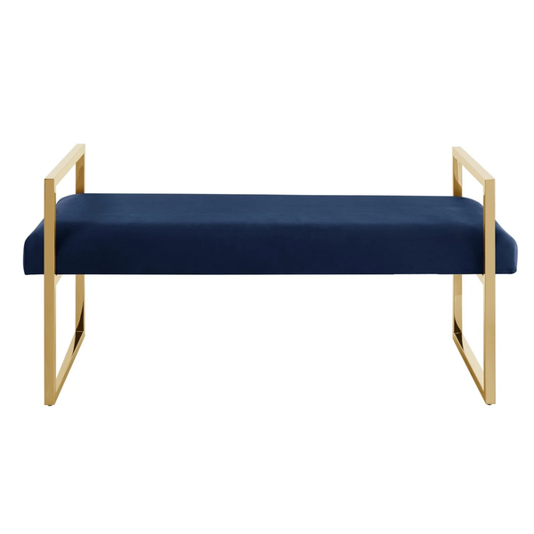 Homeroots 48" Navy Blue And Gold Velvet Upholstered Bench Navy,Gold,Velvet Plywood 530650