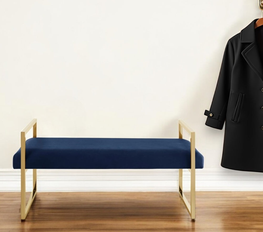 HomeRoots 48" Upholstered Bench with Sleek Silver Frame - Modern Glam Seating for Bedroom & Entryway Decor Navy/Gold, Velvet Velvet 530650