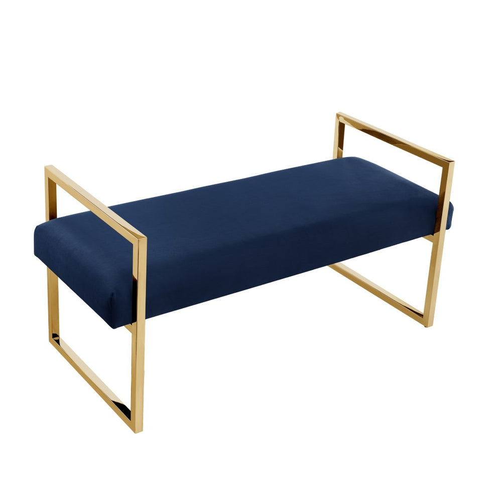 HomeRoots 48" Upholstered Bench with Sleek Silver Frame - Modern Glam Seating for Bedroom & Entryway Decor Navy/Gold, Velvet Velvet 530650
