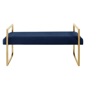 Homeroots 48" Navy Blue And Gold Velvet Upholstered Bench Navy,Gold,Velvet Plywood 530650