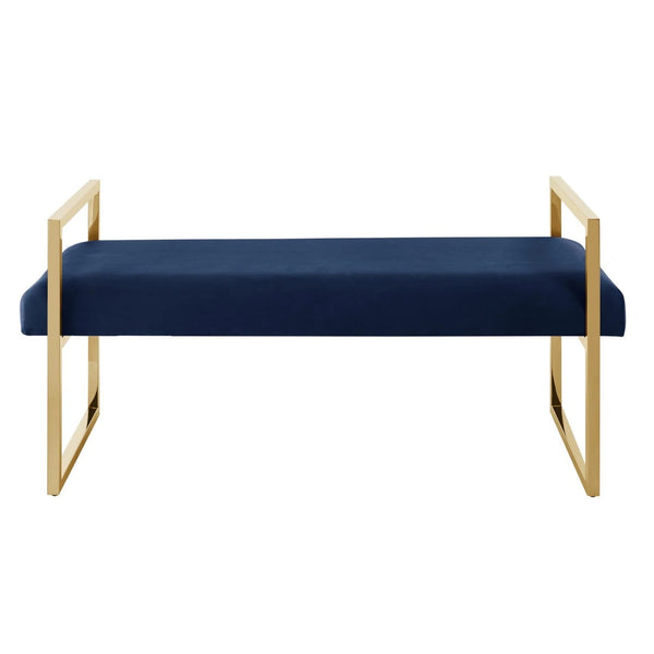 Homeroots 48" Navy Blue And Gold Velvet Upholstered Bench Navy,Gold,Velvet Plywood 530650