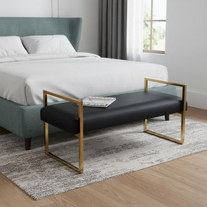 HomeRoots 48" Black and Gold Upholstered Bench - Modern Faux Leather Seating for Entryway & Bedroom Decor 530651