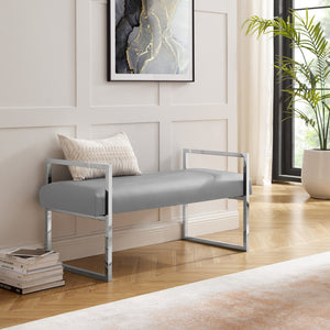 Homeroots 21" Gray And Silver Upholstered Faux Leather Bench Grey,Chrome,Pu Leather Plywood 530652