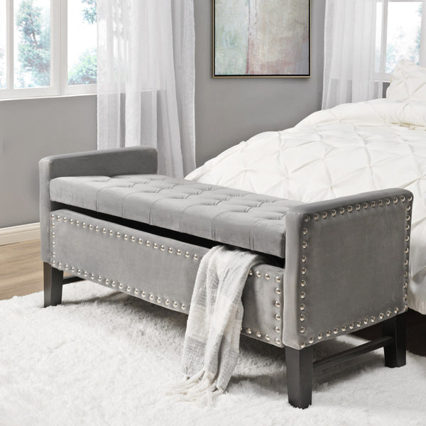 Homeroots 50" Light Gray And Black Upholstered Velvet Bench With Flip Top Light Grey,Velvet Velvet 530655