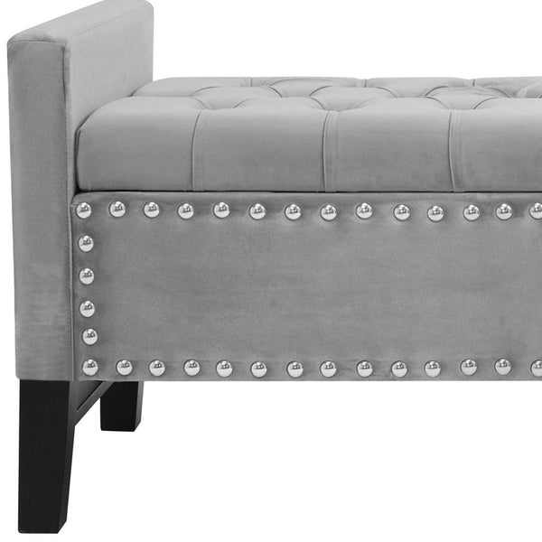 Homeroots 50" Light Gray And Black Upholstered Velvet Bench With Flip Top Light Grey,Velvet Velvet 530655