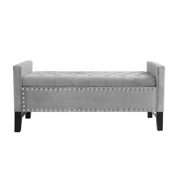 Homeroots 50" Light Gray And Black Upholstered Velvet Bench With Flip Top Light Grey,Velvet Velvet 530655