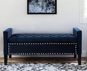 Homeroots 50" Navy Blue And Black Upholstered Velvet Bench With Flip Top Navy,Velvet Velvet 530656