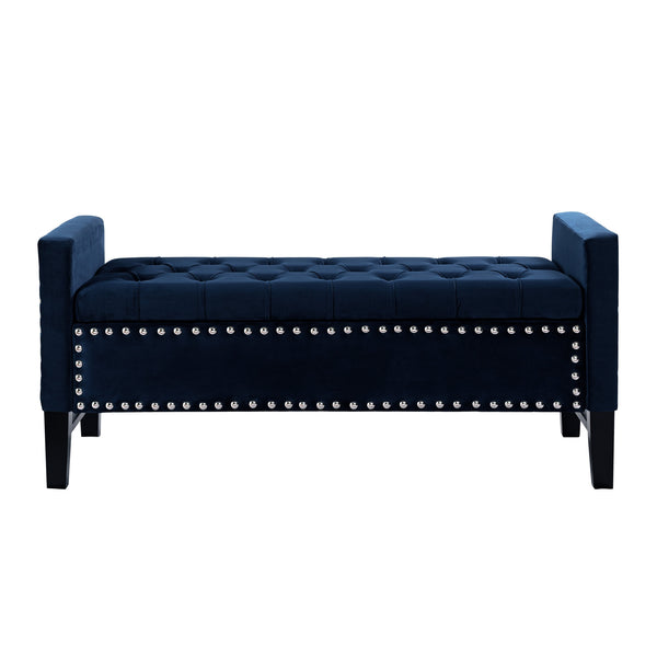 Homeroots 50" Navy Blue And Black Upholstered Velvet Bench With Flip Top Navy,Velvet Velvet 530656