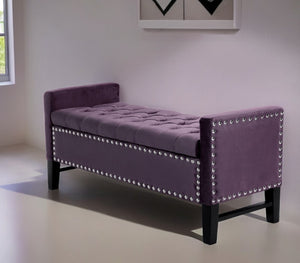 Homeroots 50" Plum And Black Upholstered Velvet Bench With Flip Top Plum,Velvet Linen 530657