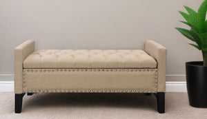 Homeroots 50" Beige And Black Upholstered Linen Bench With Flip Top Beige,Linen Velvet 530659