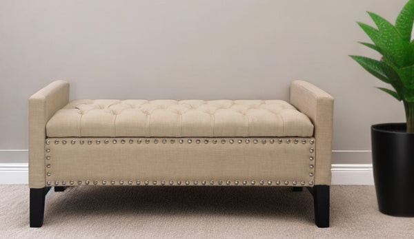 Homeroots 50" Beige And Black Upholstered Linen Bench With Flip Top Beige,Linen Velvet 530659