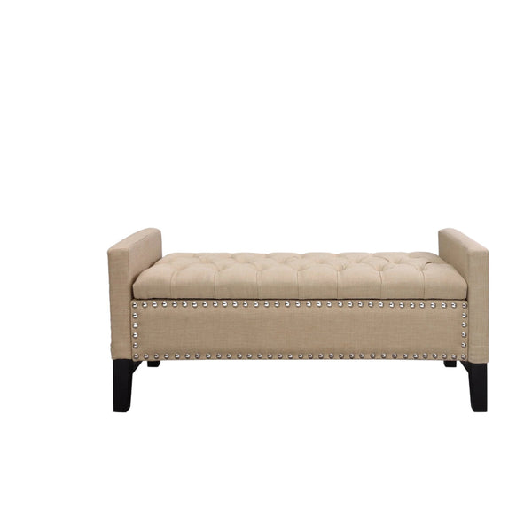 Homeroots 50" Beige And Black Upholstered Linen Bench With Flip Top Beige,Linen Velvet 530659
