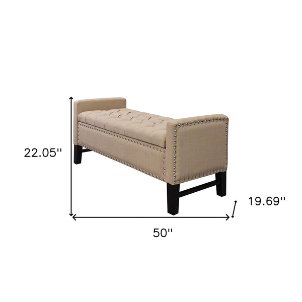 Homeroots 50" Beige And Black Upholstered Linen Bench With Flip Top Beige,Linen Velvet 530659