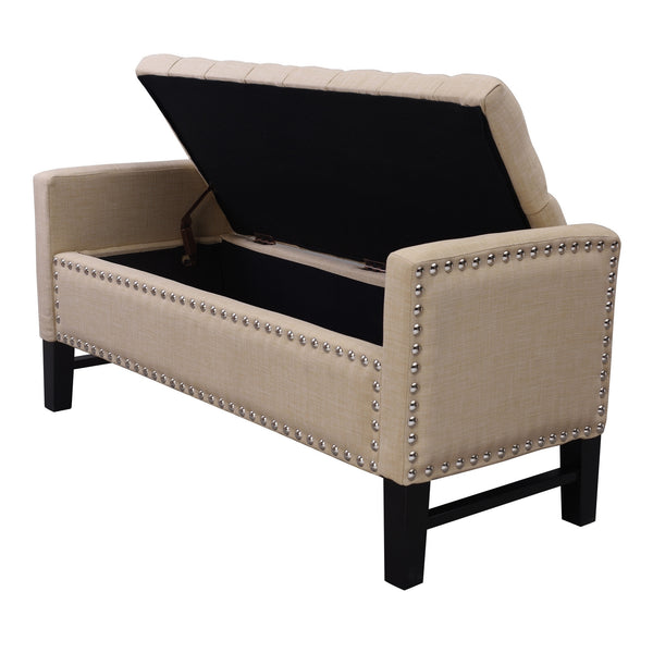 Homeroots 50" Beige And Black Upholstered Linen Bench With Flip Top Beige,Linen Velvet 530659