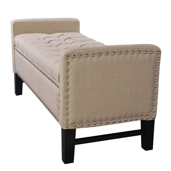 Homeroots 50" Beige And Black Upholstered Linen Bench With Flip Top Beige,Linen Velvet 530659