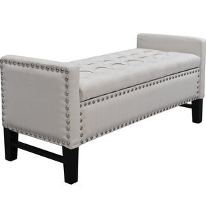 Homeroots 50" Cream And Black Tufted Linen Upholstered Storage Bench With Flip Top Cream White,Linen Plywood 530660
