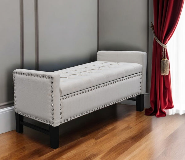 Homeroots 50" Cream And Black Tufted Linen Upholstered Storage Bench With Flip Top Cream White,Linen Plywood 530660