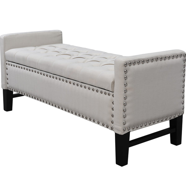 Homeroots 50" Cream And Black Tufted Linen Upholstered Storage Bench With Flip Top Cream White,Linen Plywood 530660