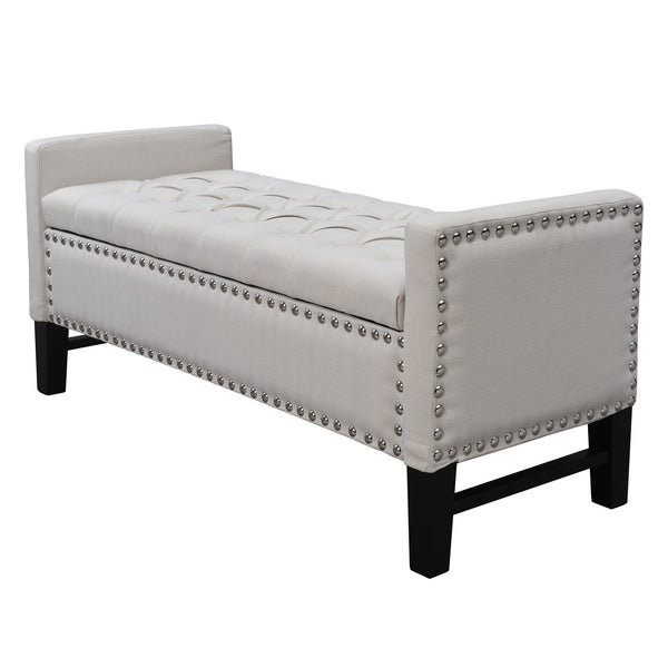 Homeroots 50" Cream And Black Tufted Linen Upholstered Storage Bench With Flip Top Cream White,Linen Plywood 530660