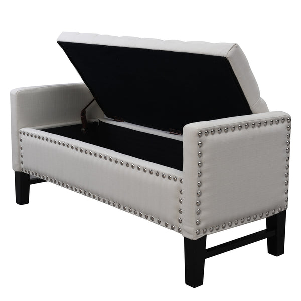 Homeroots 50" Cream And Black Tufted Linen Upholstered Storage Bench With Flip Top Cream White,Linen Plywood 530660