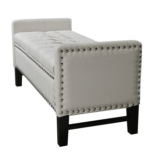Homeroots 50" Cream And Black Tufted Linen Upholstered Storage Bench With Flip Top Cream White,Linen Plywood 530660