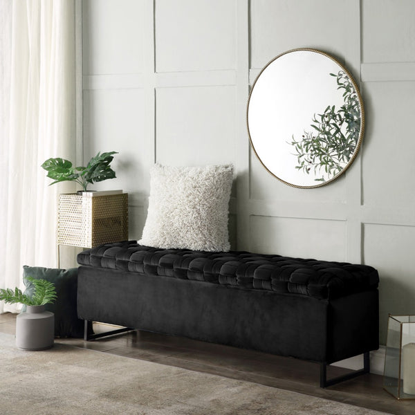 HomeRoots 16" Black Velvet Storage Bench with Flip Top - Stylish Seating & Hidden Organization for Any Space 530661