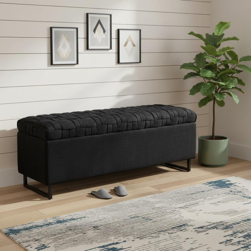 HomeRoots 16" Black Velvet Storage Bench with Flip Top - Stylish Seating & Hidden Organization for Any Space 530661