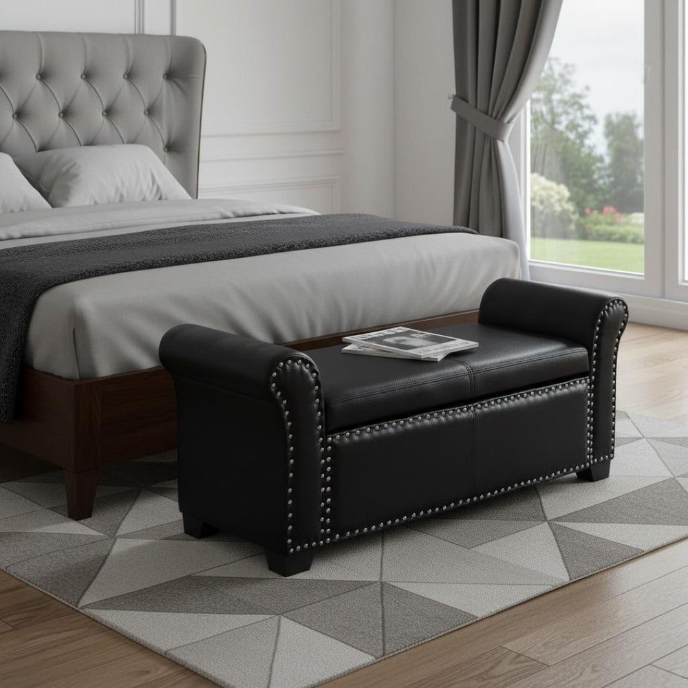 HomeRoots 20" Stylish Black Faux Leather Storage Bench with Flip Top, Padded Seating & Modern Design Accent 530666