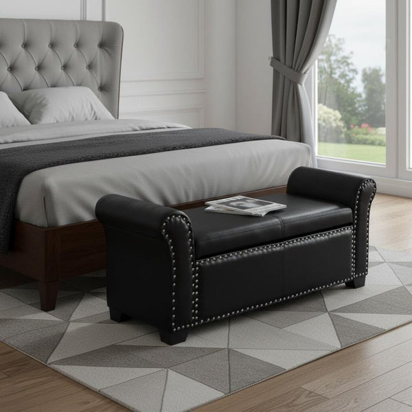 HomeRoots 20" Stylish Black Faux Leather Storage Bench with Flip Top, Padded Seating & Modern Design Accent 530666