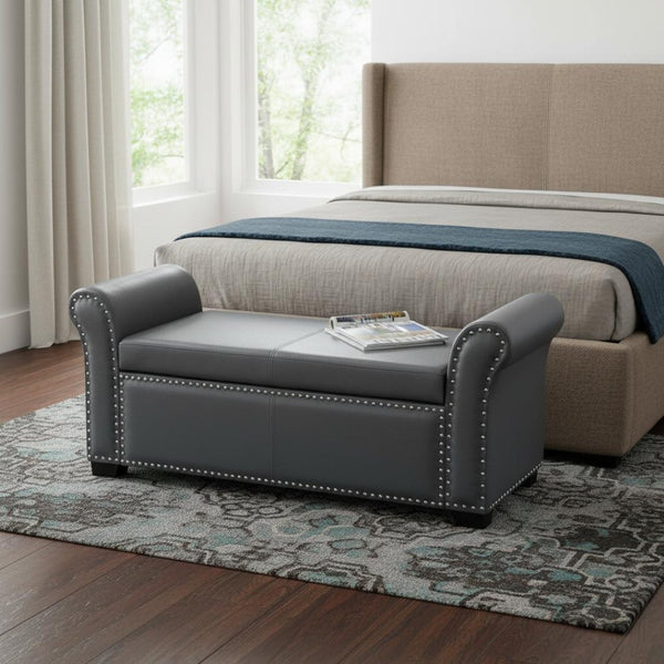 HomeRoots 20" Modern Gray and Black Faux Leather Storage Bench with Flip-Top, Padded Seating & Rolled Arms 530668