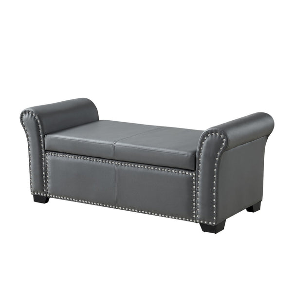 HomeRoots 20" Modern Gray and Black Faux Leather Storage Bench with Flip-Top, Padded Seating & Rolled Arms 530668